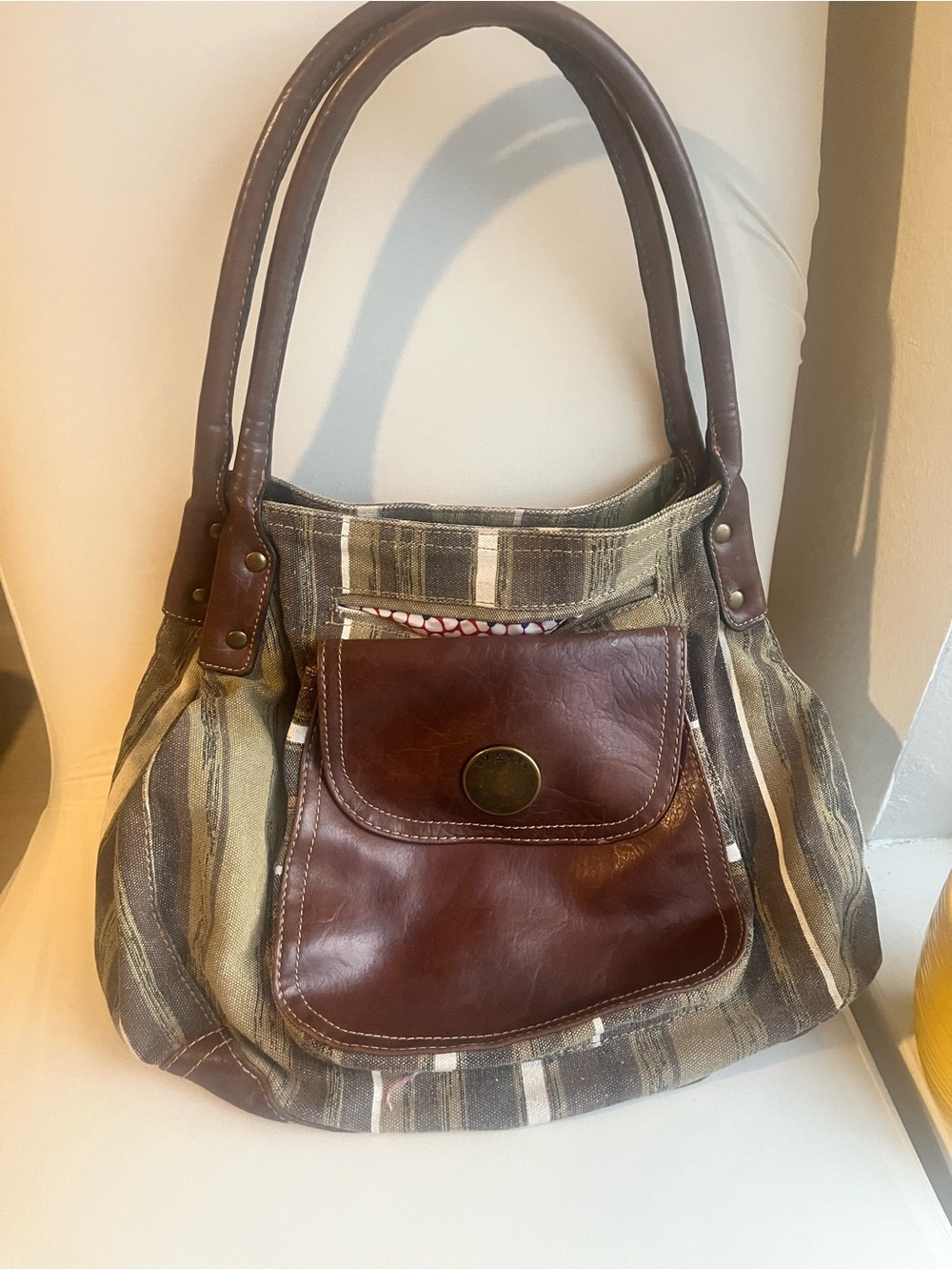 Axcess Brown Leather-Trim Striped Shoulder Bag Y2K‎